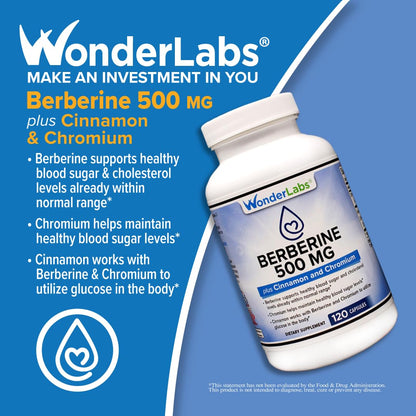 Wonder Laboratories Berberine HCL 1500mg with Cinnamon, Chromium & BioPerine – Immune, Glucose & Heart Health, Gluten & GMO Free | 120 Capsules