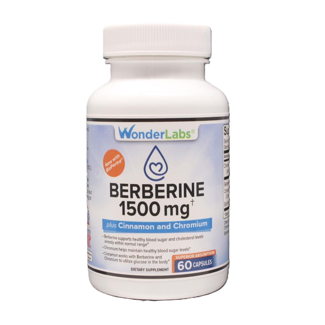 Wonder Laboratories Berberine HCL 1,500mg + Cinnamon, Chromium & Bioperine - Gluten & GMO Free | 60 Capsules