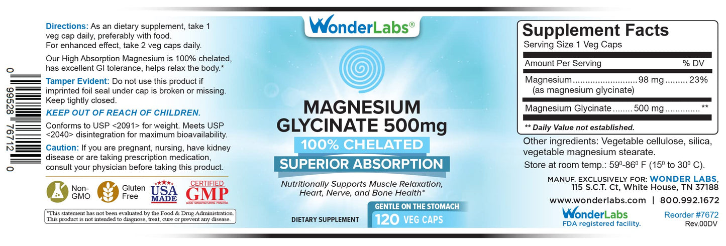 Wonder Laboratories Magnesium Glycinate 500mg – Chelated, Non-GMO, Gluten-Free