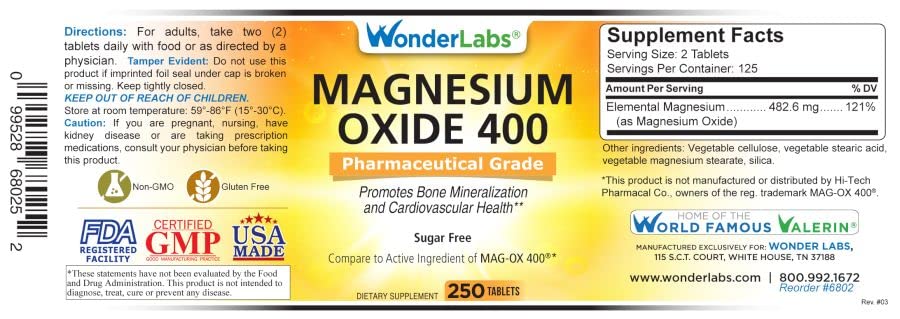 Wonder Labs Magnesium Oxide 400 – 483 mg, Pharmaceutical Grade | 250 Tablets