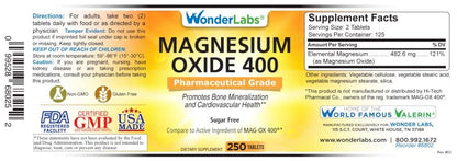 Wonder Labs Magnesium Oxide 400 – 483 mg, Pharmaceutical Grade | 250 Tablets