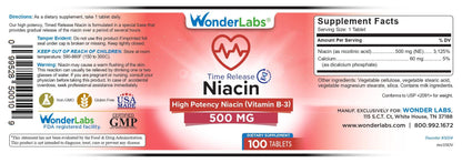 Wonder Laboratories Niacin Time Release 500 mg – 100 Tablets, Non-GMO & Gluten Free