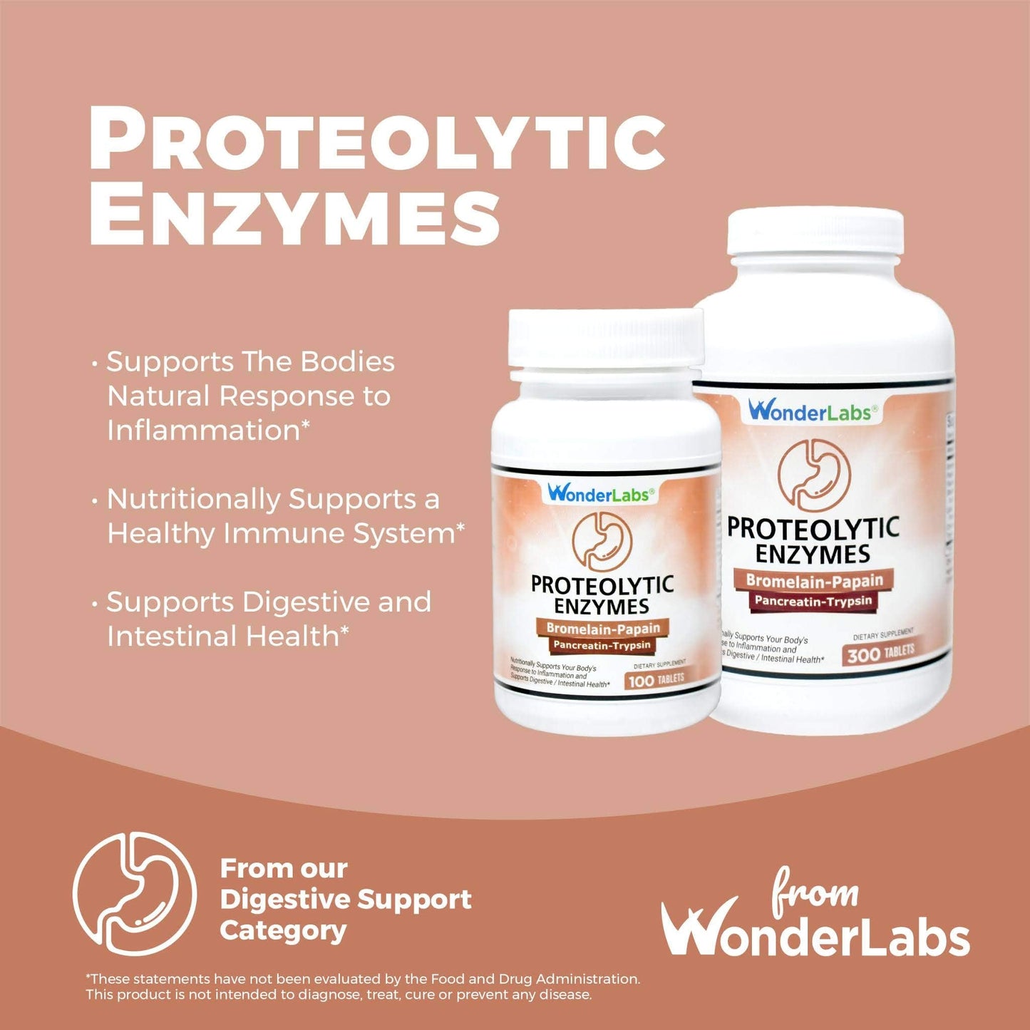 Wonder Laboratories Proteolytic Enzymes 550 mg | Bromelain, Papain, Pancreatin, 300 Tablets