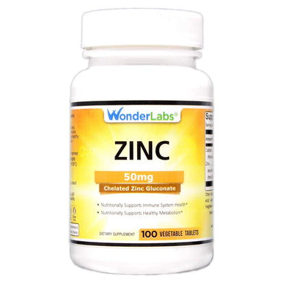 Wonder Laboratories Chelated Zinc Gluconate 50 mg - Immune Support & Cell Growth | 100 Vegetarian Tablets