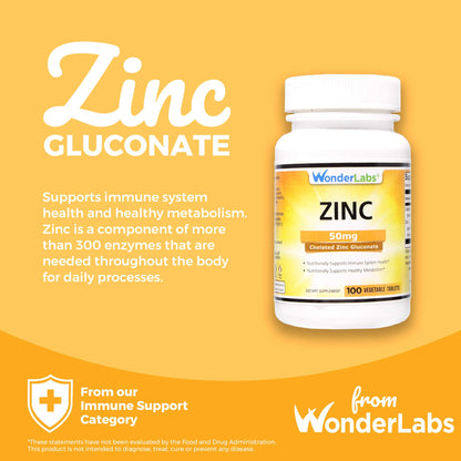 Wonder Laboratories Chelated Zinc Gluconate 50 mg - Immune Support & Cell Growth | 100 Vegetarian Tablets