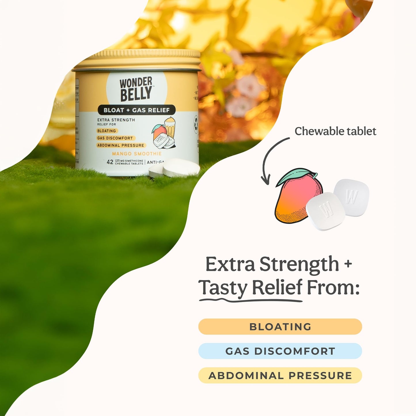 Wonderbelly Bloat + Gas Relief: Extra Strength 125 mg Simethicone Mango Chewables, 42 Count