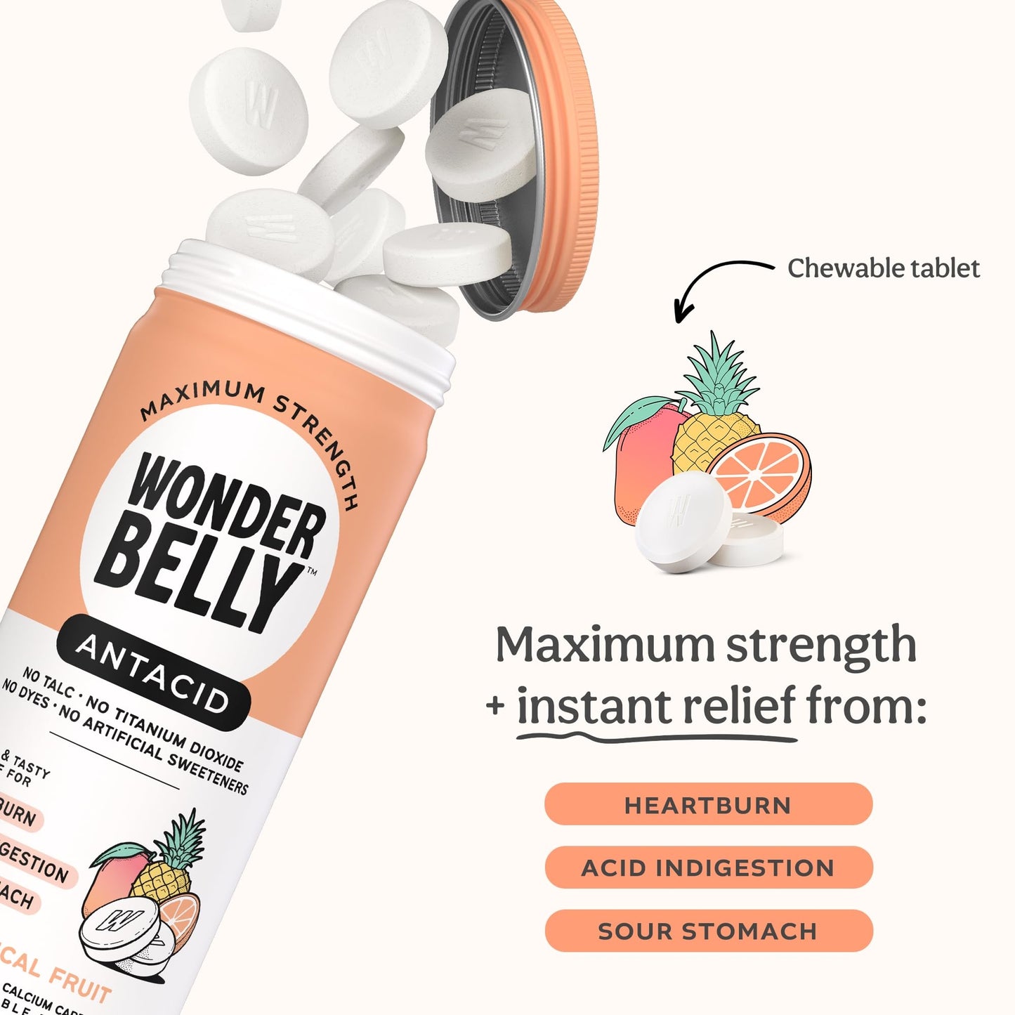 Wonderbelly Antacid 1000 mg Calcium Carbonate – Tropical Fruit Chewable Tablets, 60 Count