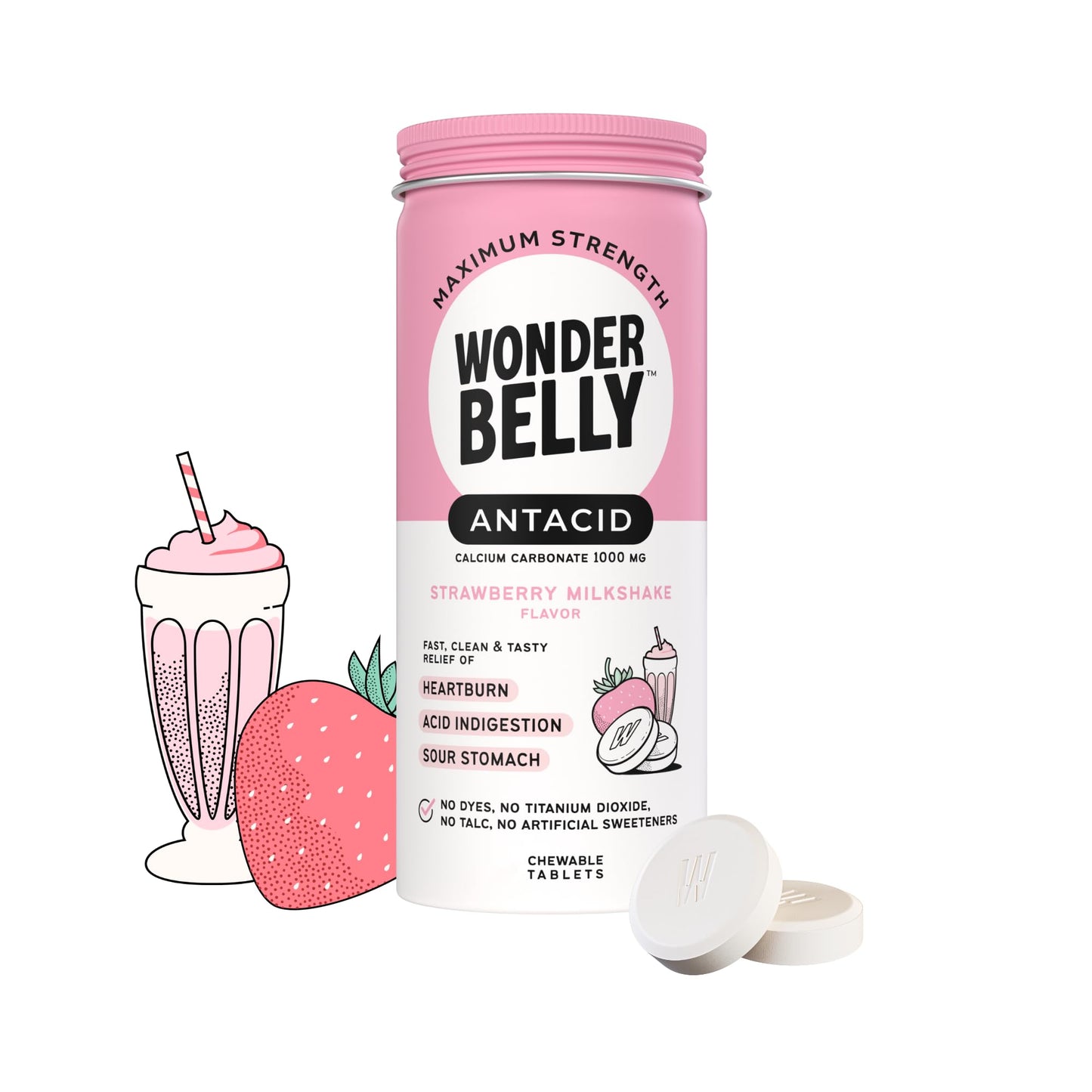 Wonderbelly Antacid Maximum Strength 1000 mg Calcium Carbonate – Strawberry Milkshake Flavor (50 Chewables)