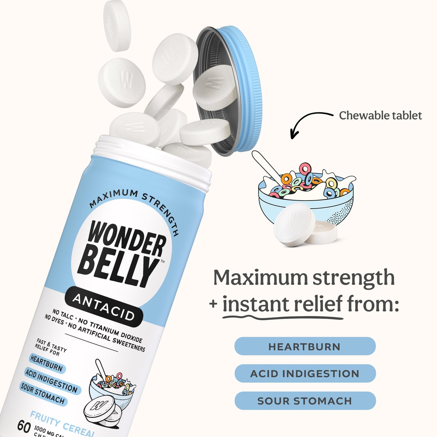 Wonderbelly Antacid Extra Strength 1000 mg Calcium Carbonate Chewables | Fruity Cereal, 60 Count