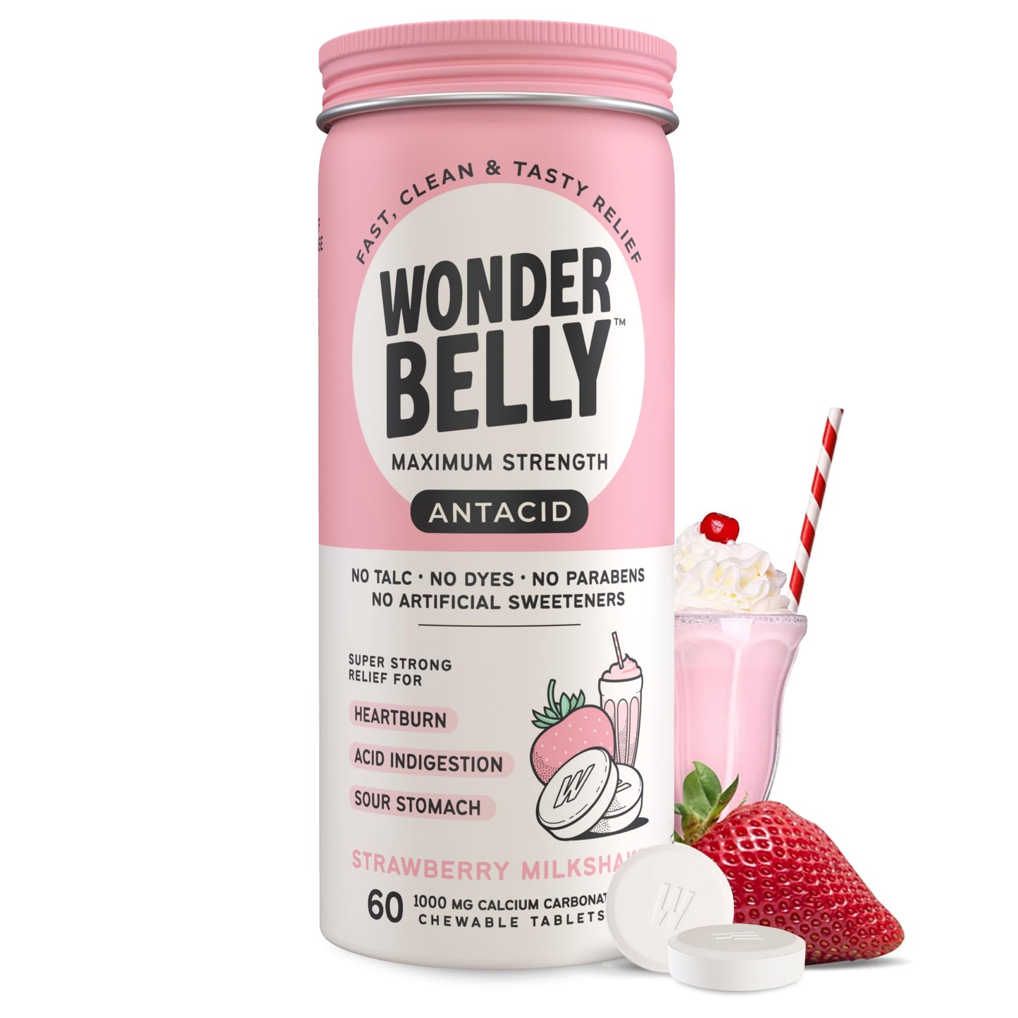 Wonderbelly Antacid - Extra Strength 1000 mg Calcium Carbonate Chewables (Strawberry Milkshake)