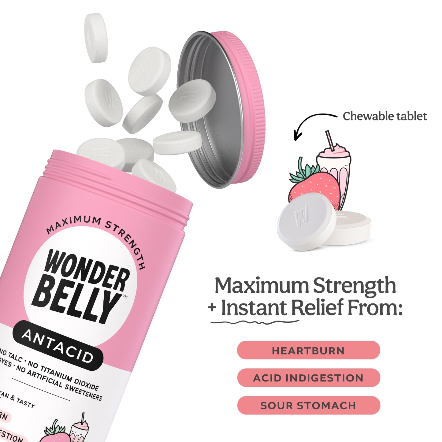 Wonderbelly Antacid – Extra Strength 1000 mg Calcium Carbonate Chewables | Strawberry Milkshake