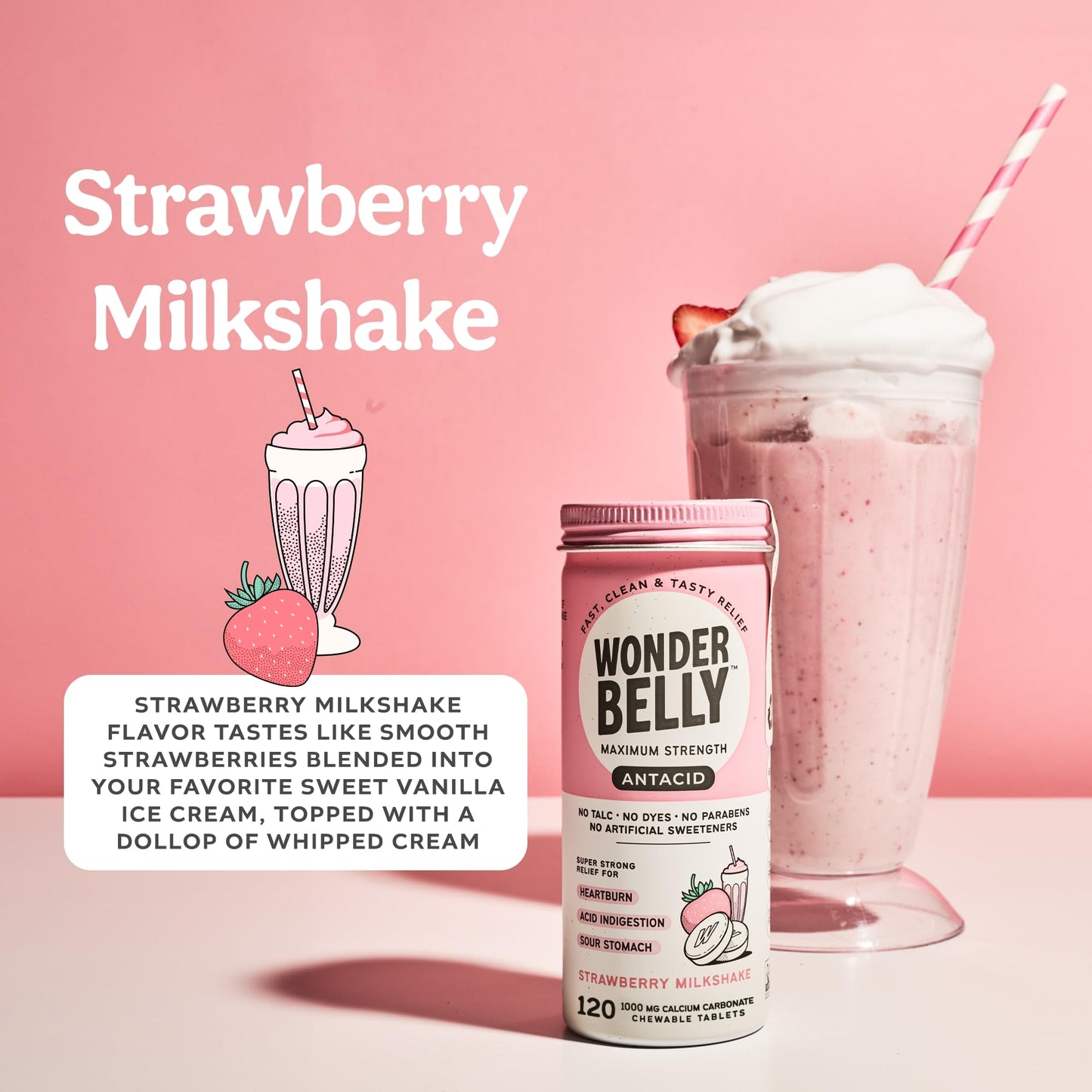 Wonderbelly Antacid – Extra Strength 1000 mg Calcium Carbonate Chewables | Strawberry Milkshake