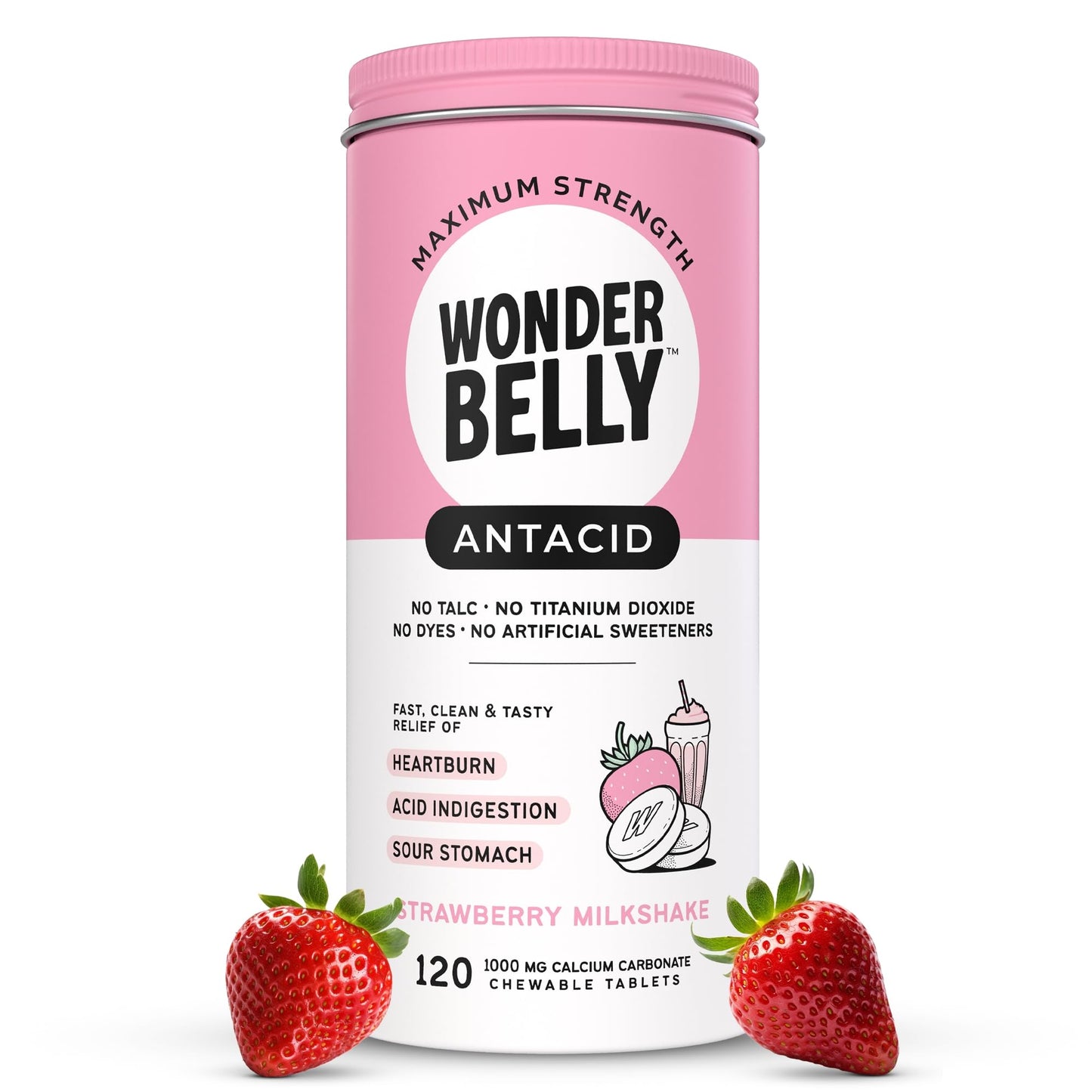 Wonderbelly Antacid – Extra Strength 1000 mg Calcium Carbonate Chewables | Strawberry Milkshake