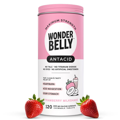 Wonderbelly Antacid – Extra Strength 1000 mg Calcium Carbonate Chewables | Strawberry Milkshake