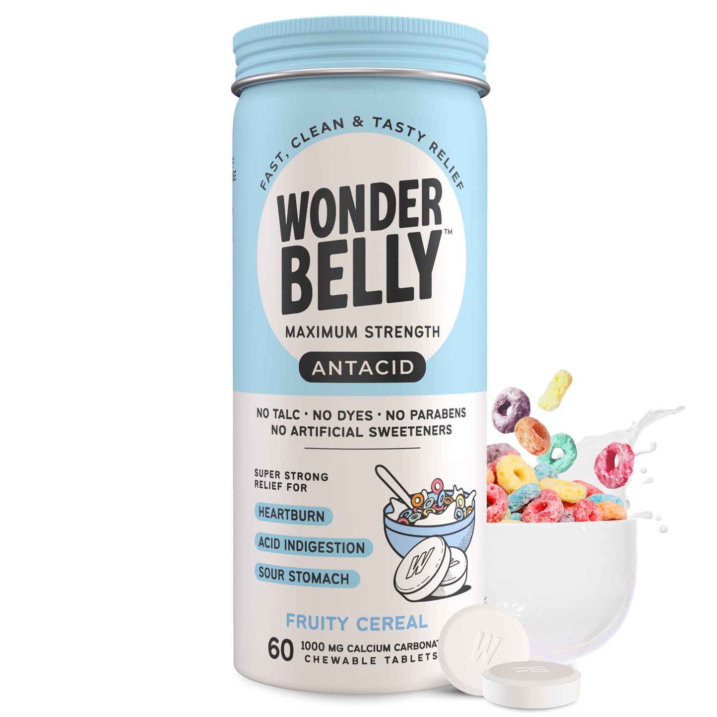Wonderbelly Antacid Extra Strength 1000 mg Calcium Carbonate Chewables | Fruity Cereal, 60 Count