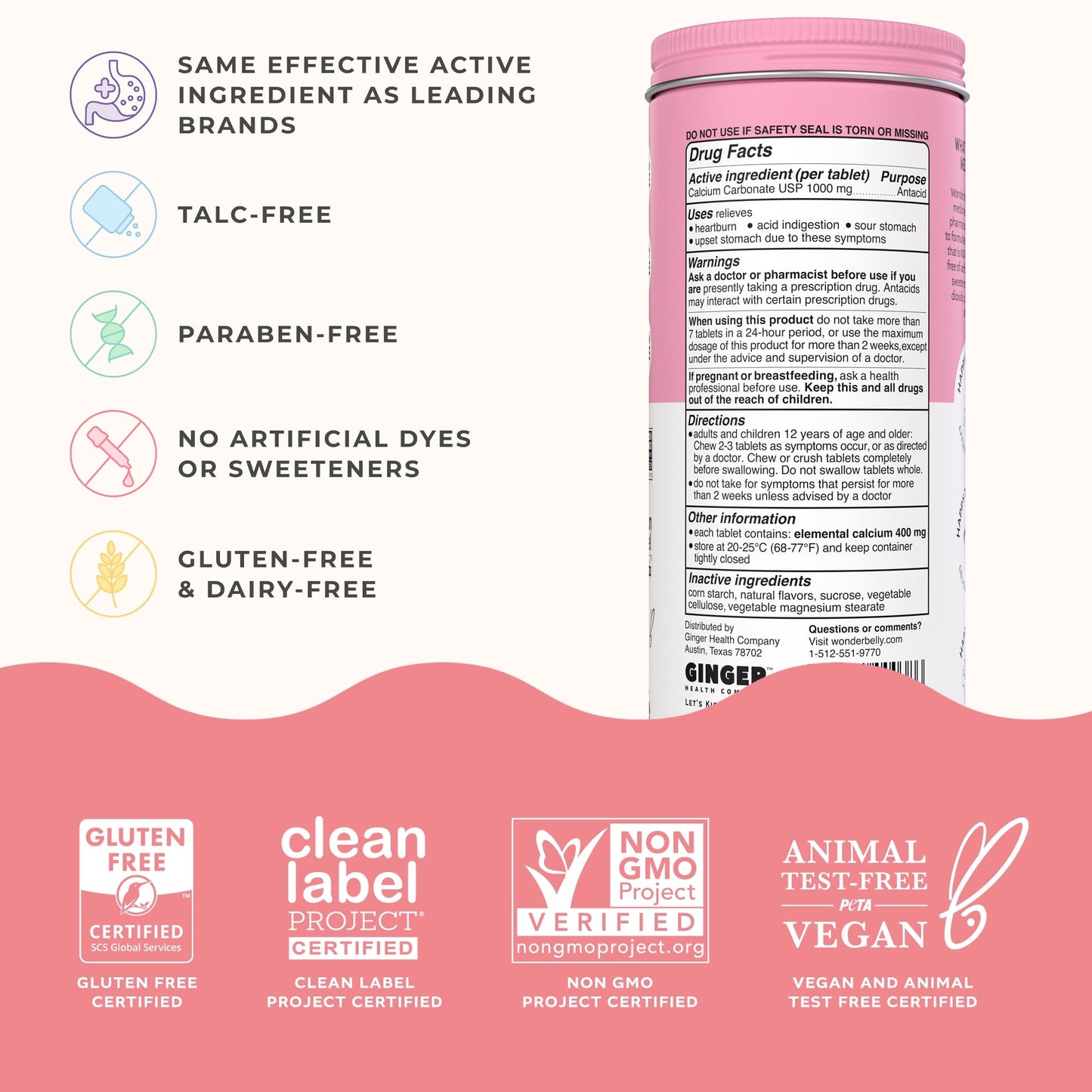 Wonderbelly Antacid – Extra Strength 1000 mg Calcium Carbonate Chewables | Strawberry Milkshake