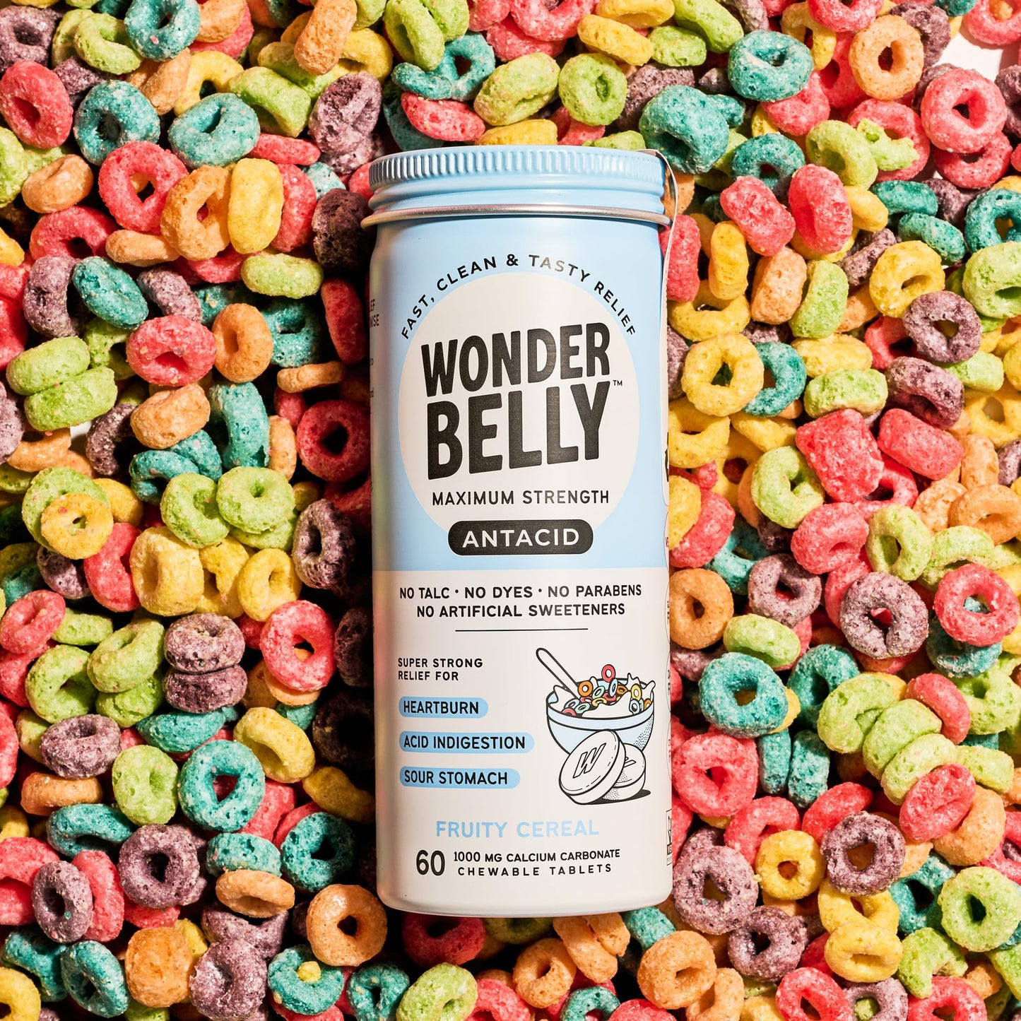 Wonderbelly Antacid Extra Strength 1000 mg Calcium Carbonate Chewables | Fruity Cereal, 60 Count