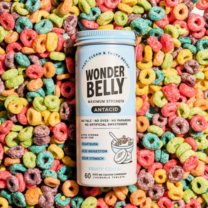 Wonderbelly Antacid Extra Strength 1000 mg Calcium Carbonate Chewables | Fruity Cereal, 60 Count