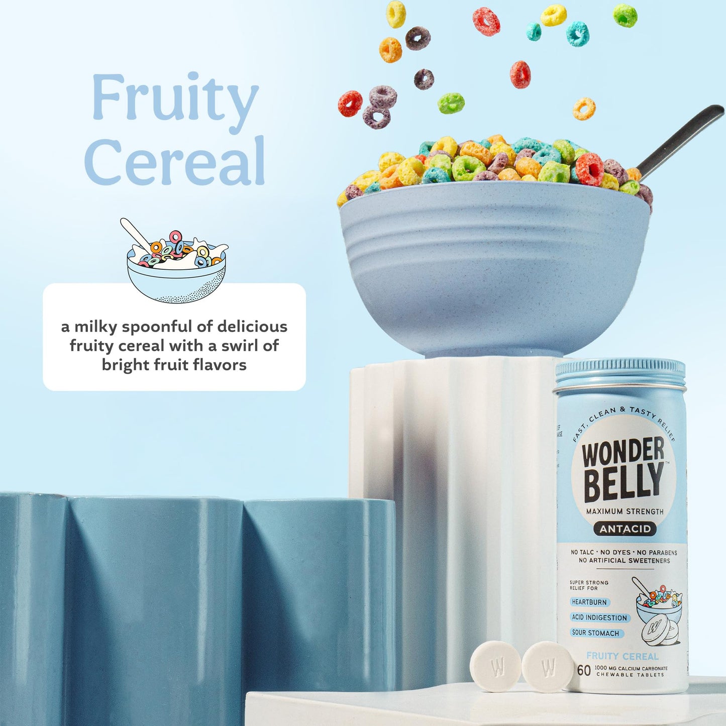 Wonderbelly Antacid Extra Strength 1000 mg Calcium Carbonate Chewables | Fruity Cereal, 60 Count
