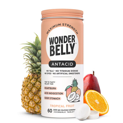 Wonderbelly Antacid 1000 mg Calcium Carbonate – Tropical Fruit Chewable Tablets, 60 Count