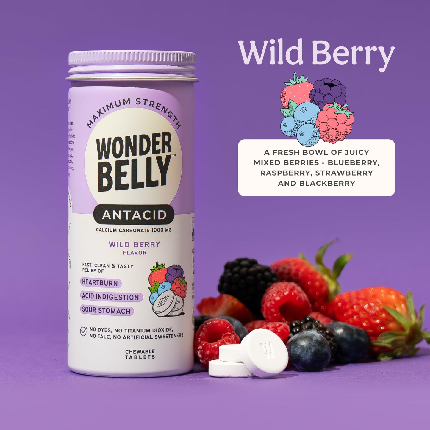 Wonderbelly Antacid Extra Strength 1000 mg Calcium Carbonate – Wild Berry Chewables for Heartburn Relief