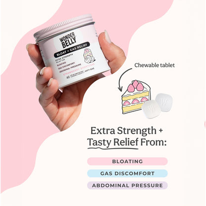 Wonderbelly Bloat + Gas Relief Chewables – Extra Strength, 125 mg Simethicone, Strawberry Shortcake