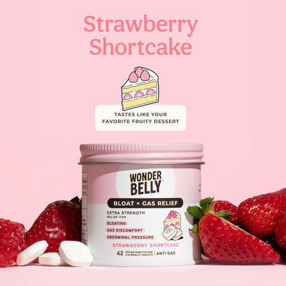 Wonderbelly Bloat + Gas Relief Chewables – Extra Strength, 125 mg Simethicone, Strawberry Shortcake