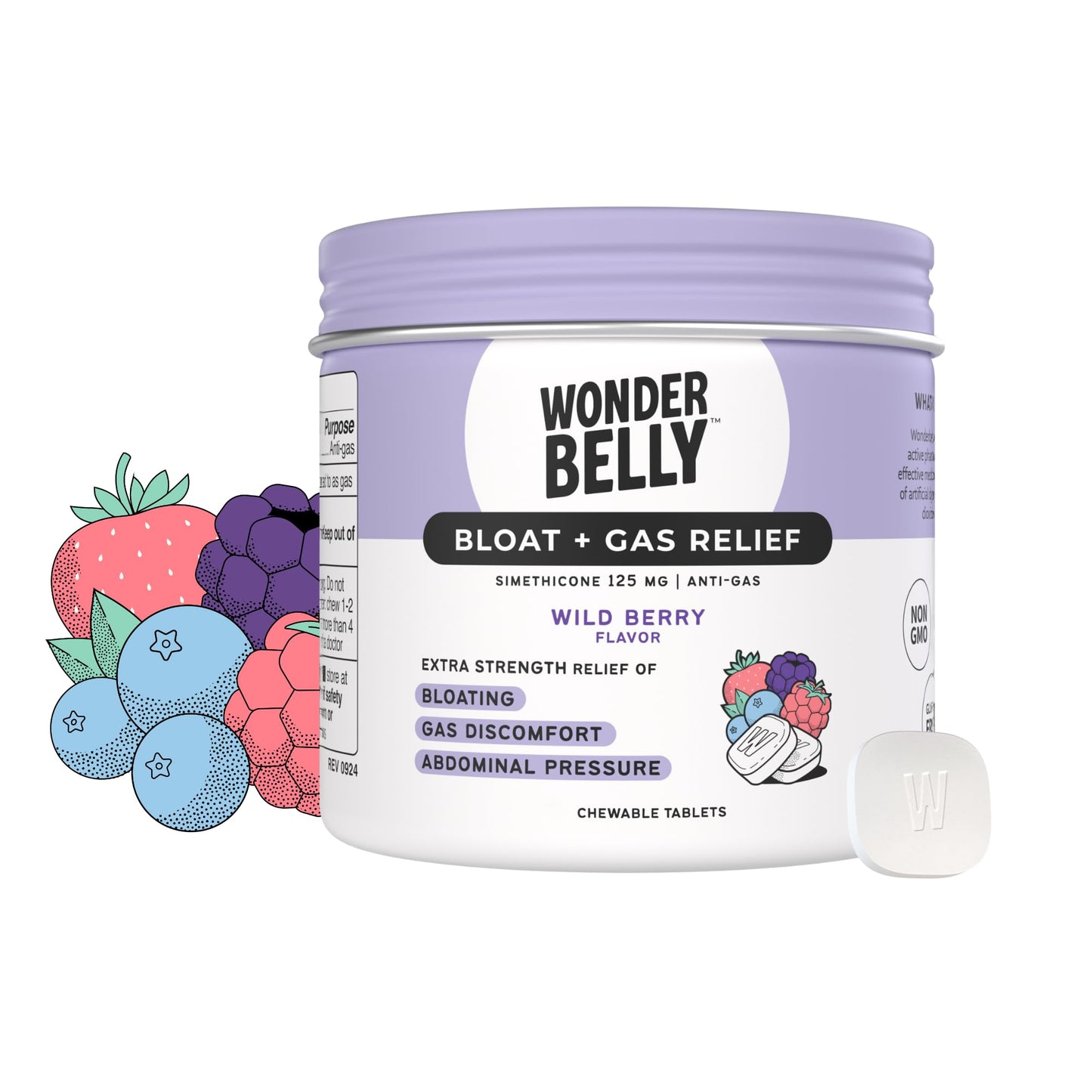 Wonderbelly Bloat Gas Relief: Extra Strength Chewables, 125 mg Simethicone, Wild Berry | 35 Count