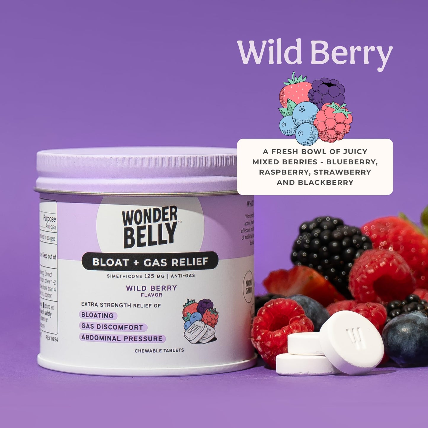 Wonderbelly Bloat Gas Relief: Extra Strength Chewables, 125 mg Simethicone, Wild Berry | 35 Count