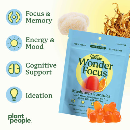 WonderFocus Mushroom Gummies with Lion’s Mane & Cordyceps – Nootropic Brain Support (Vegan, Sugar-Free, Citrus) 60 Count