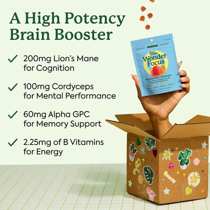 WonderFocus Mushroom Gummies with Lion’s Mane & Cordyceps – Nootropic Brain Support (Vegan, Sugar-Free, Citrus) 60 Count