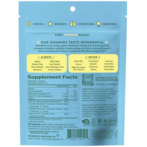 WonderFocus Mushroom Gummies with Lion’s Mane & Cordyceps – Nootropic Brain Support (Vegan, Sugar-Free, Citrus) 60 Count