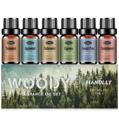 Woody Essential Oils Set – 6x10ml Aromatherapy Oils for Diffuser (Sandalwood, Cedarwood, Teakwood, Agarwood, Cypress, Forest Pine)