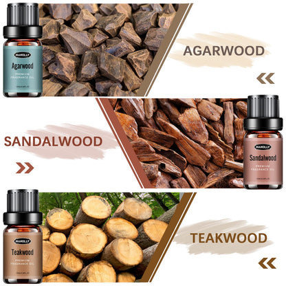 Woody Essential Oils Set – 6x10ml Aromatherapy Oils for Diffuser (Sandalwood, Cedarwood, Teakwood, Agarwood, Cypress, Forest Pine)