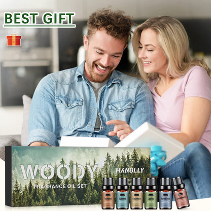 Woody Essential Oils Set – 6x10ml Aromatherapy Oils for Diffuser (Sandalwood, Cedarwood, Teakwood, Agarwood, Cypress, Forest Pine)