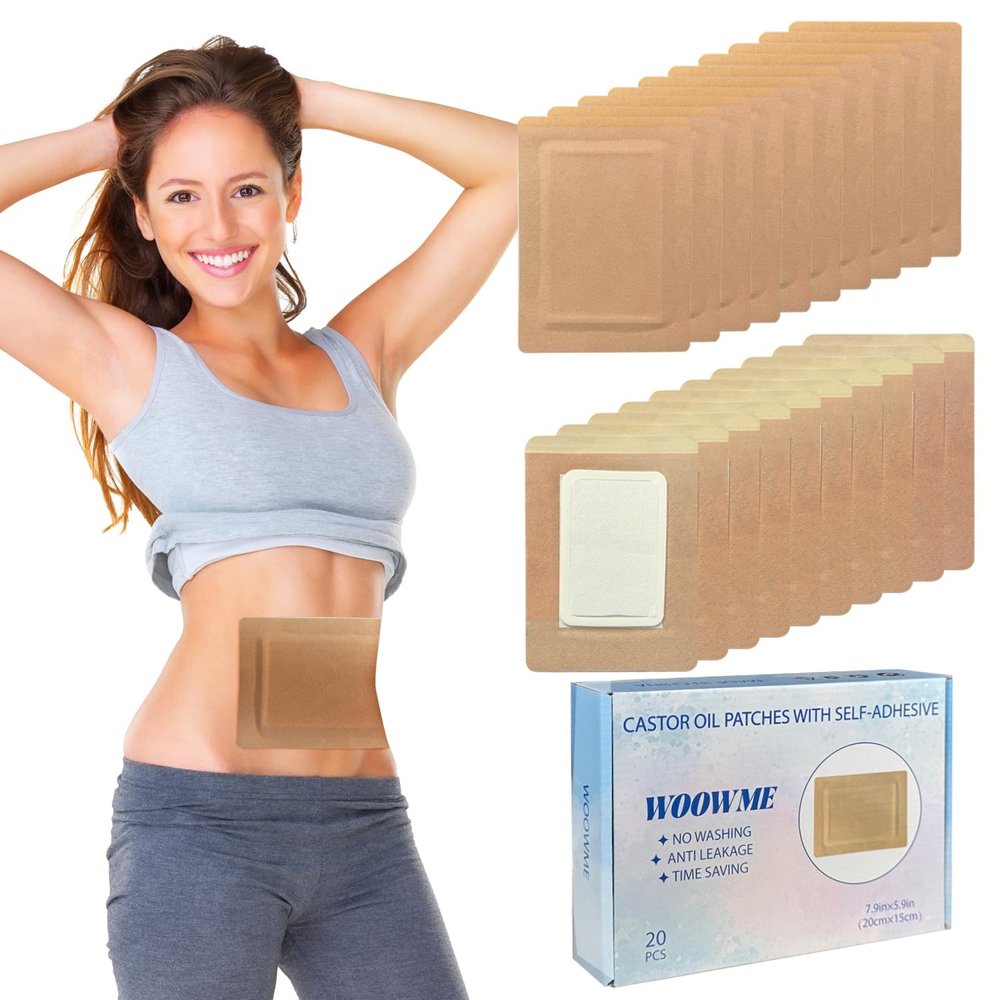 WOOWME 20 Pcs Castor Oil Patches - Disposable Pack Wrap for Leg, Back & Stomach (Oils Not Included)