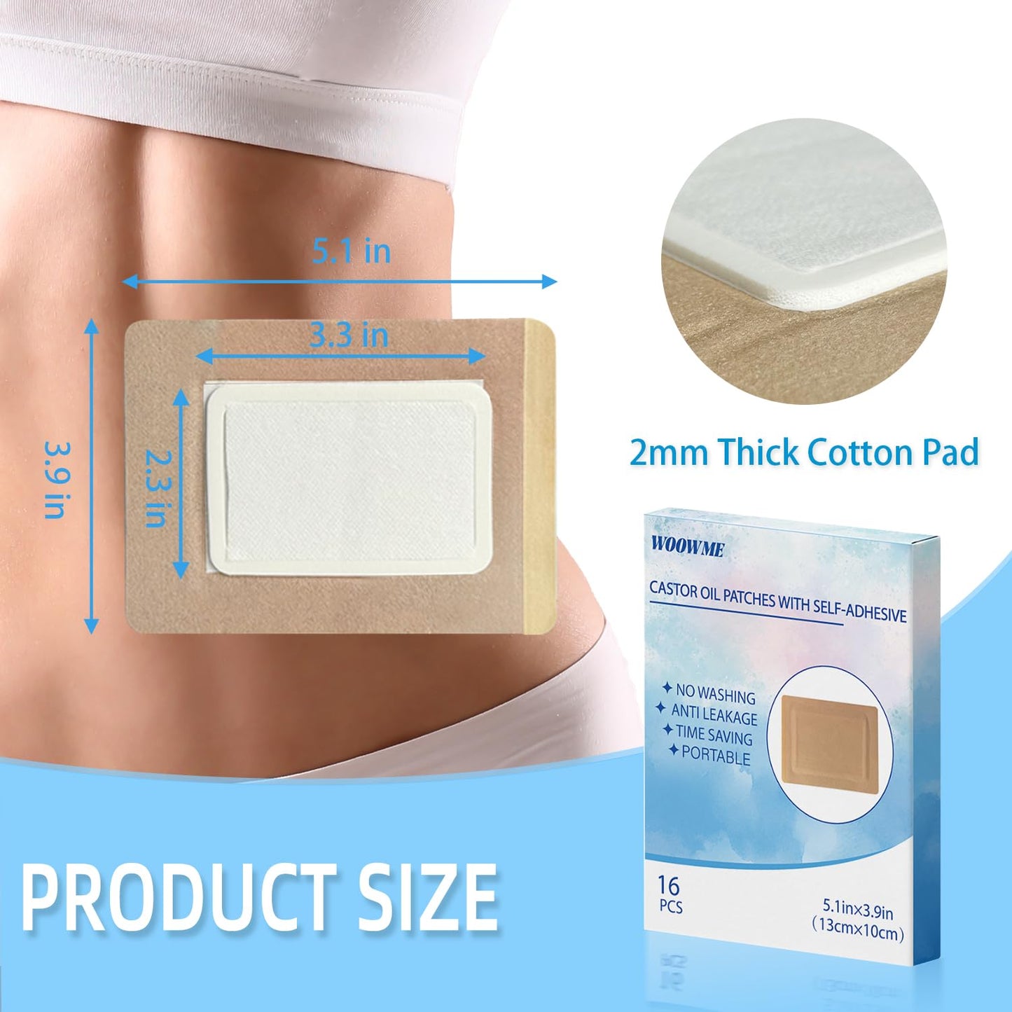 WOOWME 16 Pcs Castor Oil Patches – Disposable Pack Wrap 5.1x3.9 in (Oils Not Included)