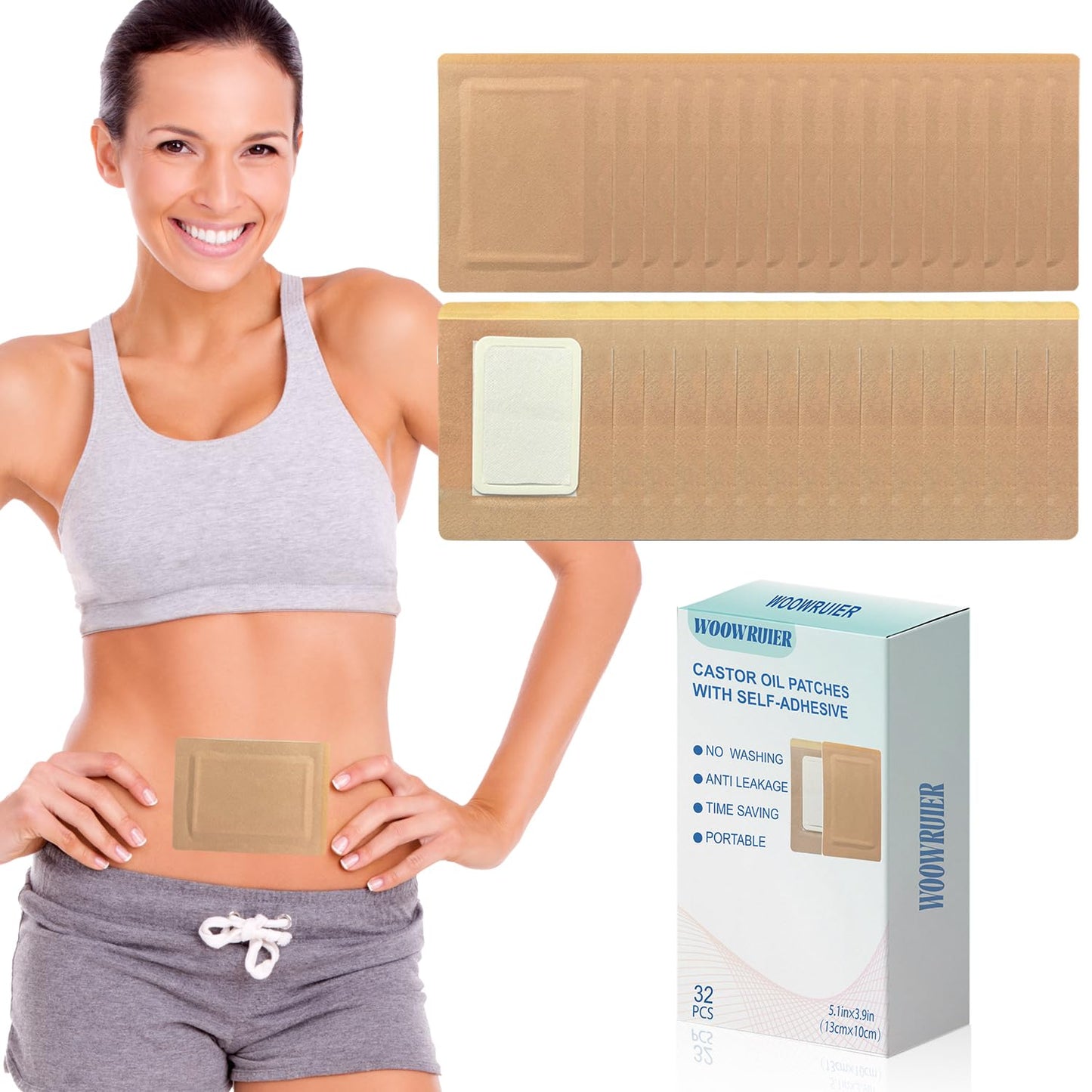 Woowruier 32 Pcs Castor Oil Patches – Anti-Leakage Pack Wrap for Belly, Feet & Knee (Oils Not Included), 5.1 x 3.9 inches
