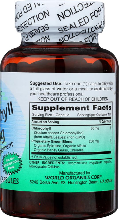 World Organic Chlorophyll 60mg, 100 Count – Dietary Supplement