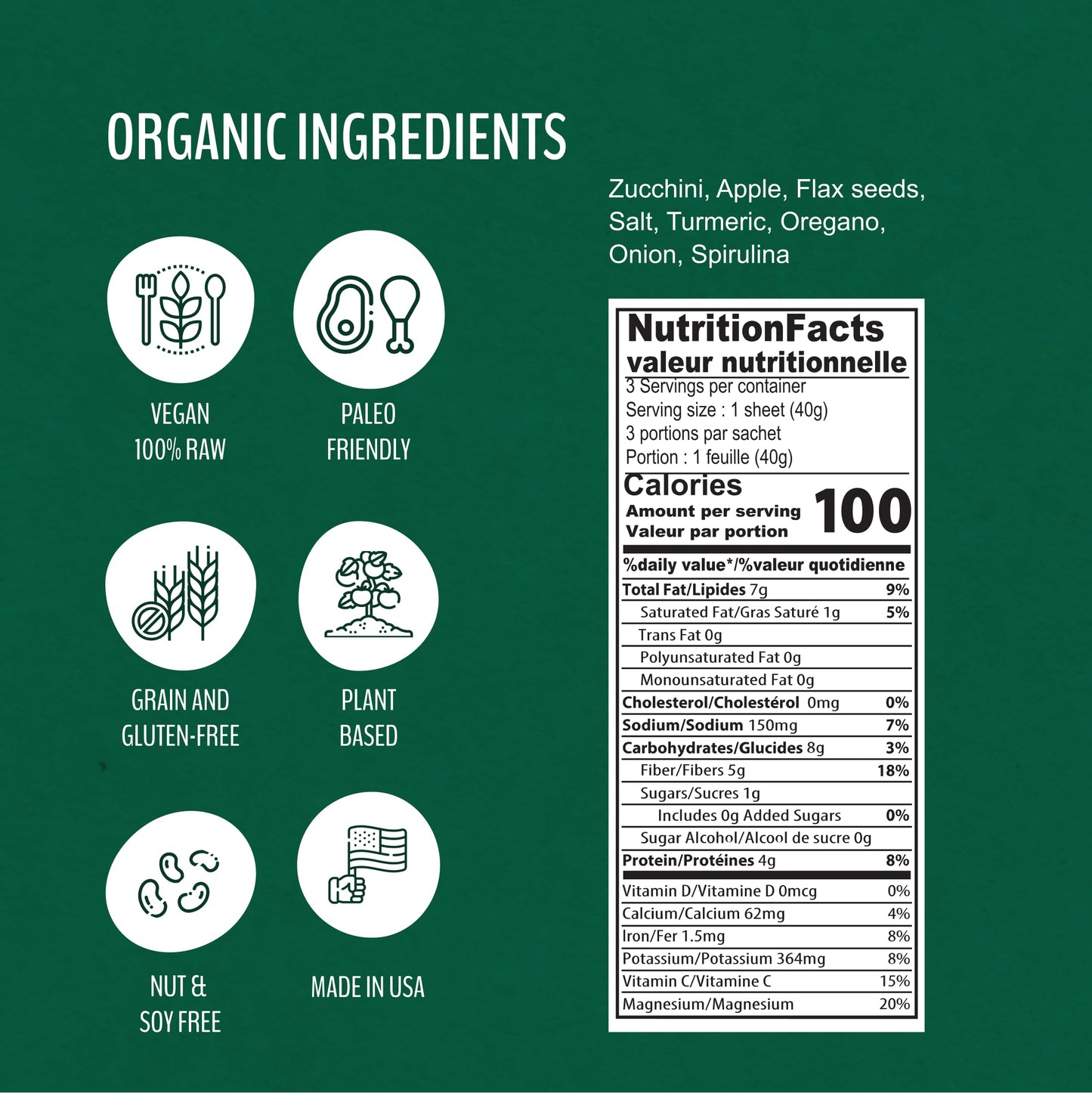 WrawP Organic Veggie Wrap – Spirulina, Gluten Free & Plant-Based (1 Pack)