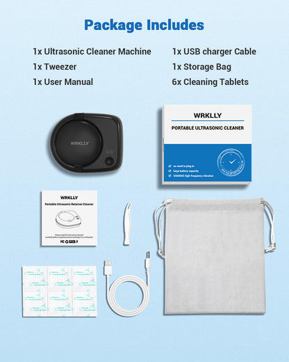 Wrklly Rechargeable Ultrasonic Retainer Cleaner Machine | 50kHz 1.9-inch Ultra-Thin Portable | Night Guard Aligners Jewelry | 6pcs Cleaner Tablets Included | Quick & Deep Clean Modes | Oral Dental Care