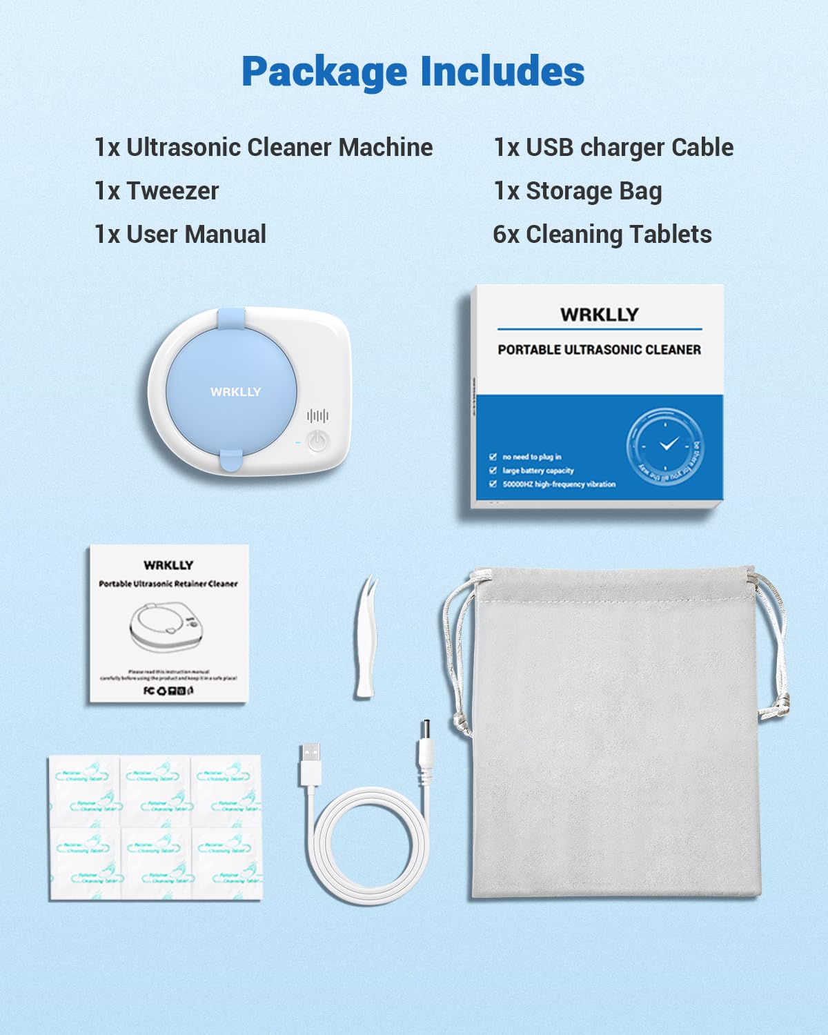 Wrklly Rechargeable Ultrasonic Retainer Cleaner Machine | 50kHz 1.9 inch Ultra-Thin Portable | Night Guard Aligners Jewelry |6pcs Cleaner Tablets Included | Quick & Deep Clean Modes | Oral Dental Care