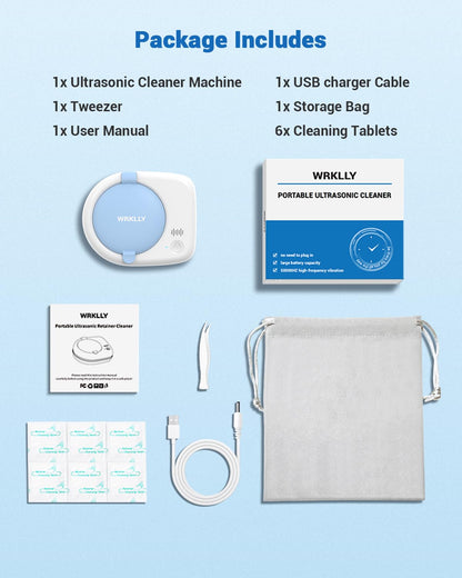 Wrklly Rechargeable Ultrasonic Retainer Cleaner Machine | 50kHz 1.9 inch Ultra-Thin Portable | Night Guard Aligners Jewelry |6pcs Cleaner Tablets Included | Quick & Deep Clean Modes | Oral Dental Care