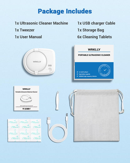 Wrklly Ultrasonic Retainer Cleaner - 50kHz, 1.9in Ultra-Thin Portable, 6 Tablets Included
