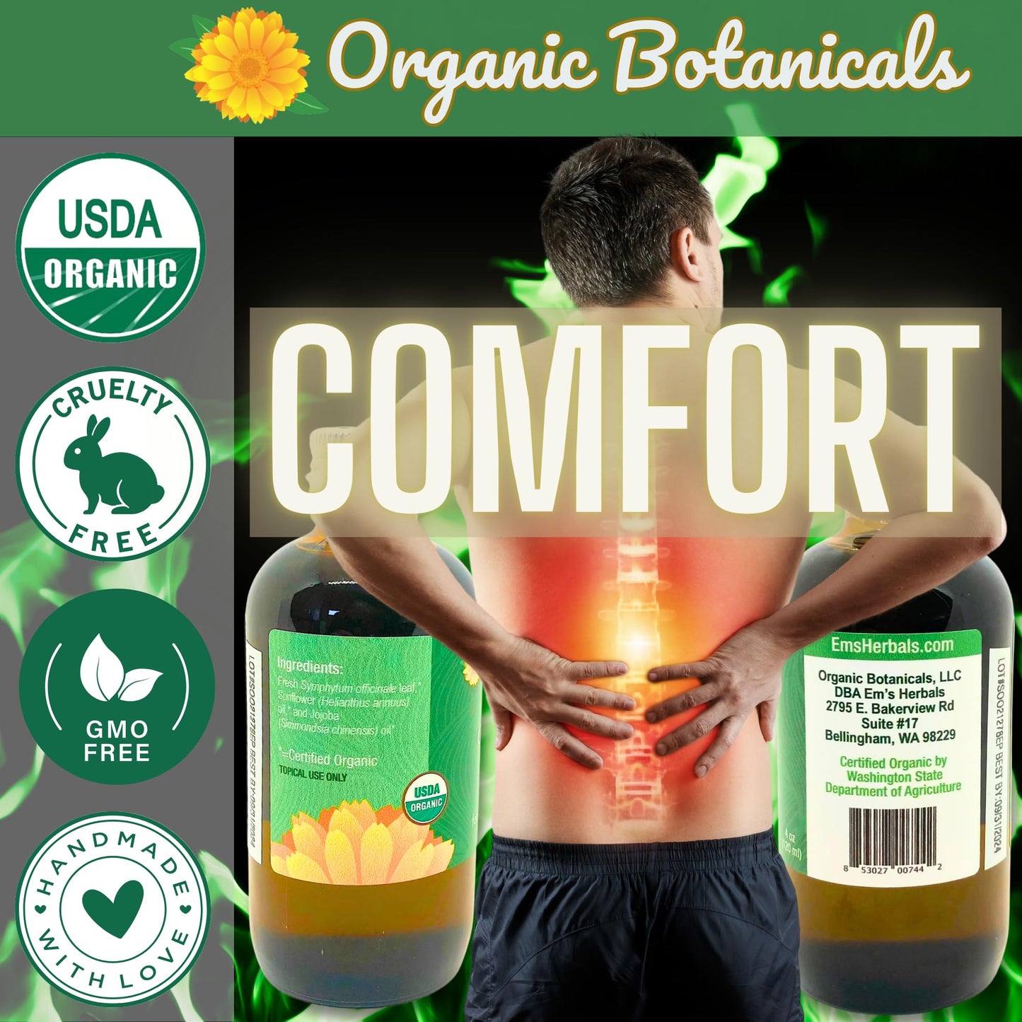 Organic Comfrey Leaf Infused Oil – Skin Care for Joints, Back & Muscles (4 oz) | Certified Organic