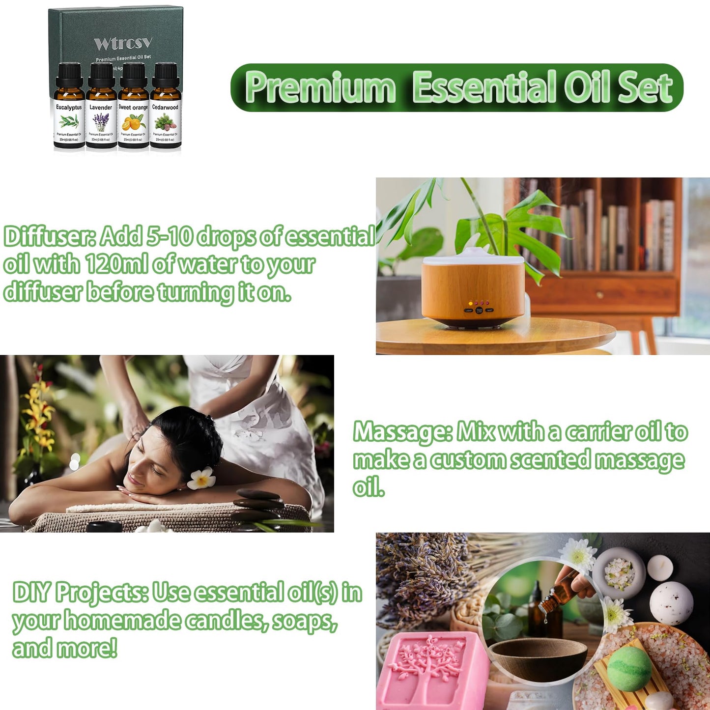 Wtrcsv Essential Oils Set – Eucalyptus, Lavender, Cedarwood & Sweet Orange | Diffuser & DIY Projects