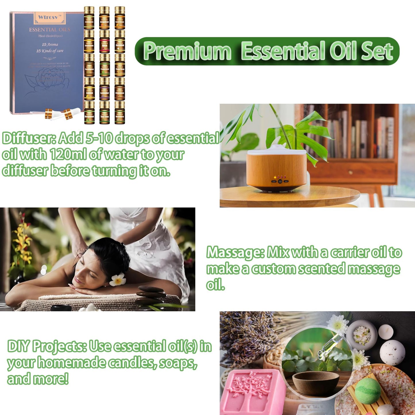 Wtrcsv Essential Oils Set – 15 Premium Blends for Diffusers & DIY