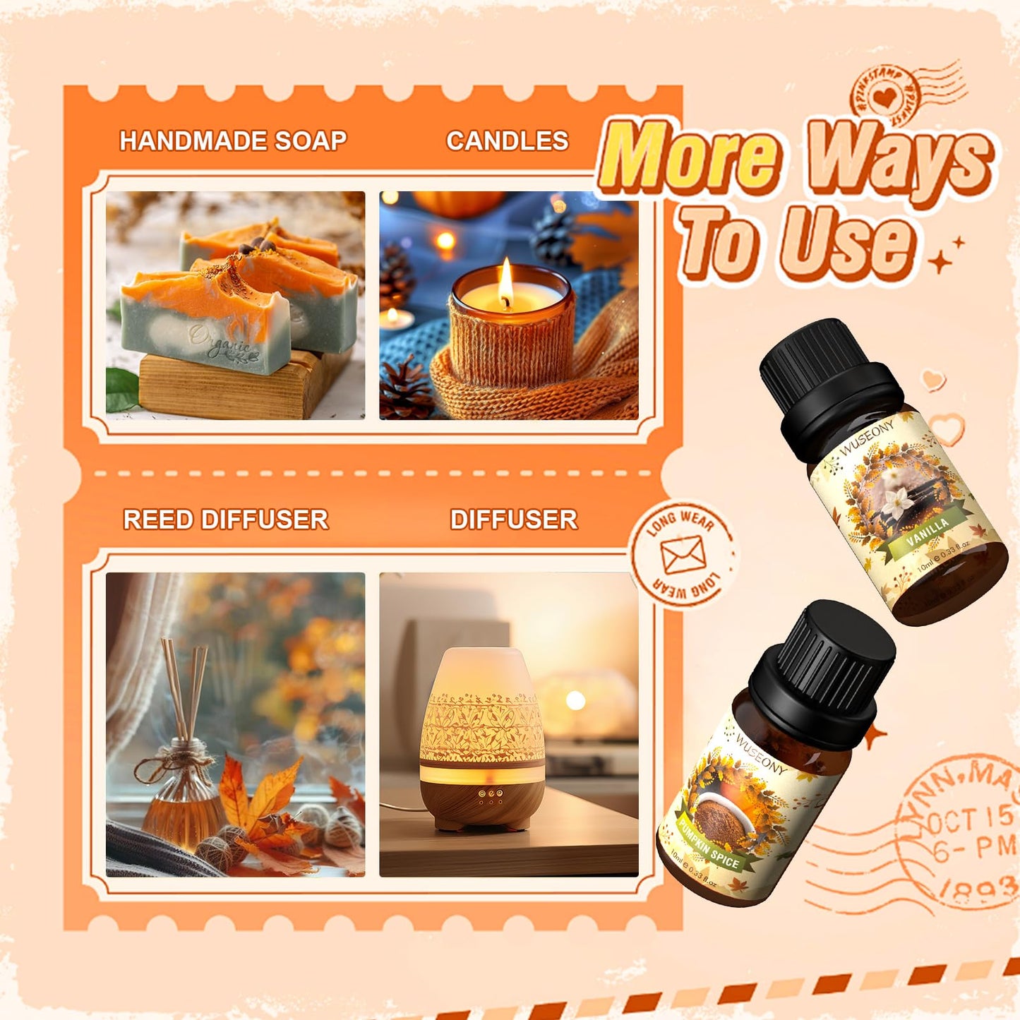 WUSEONY Fall Essential Oil Set - 6x10ml for Diffusers & Aromatherapy