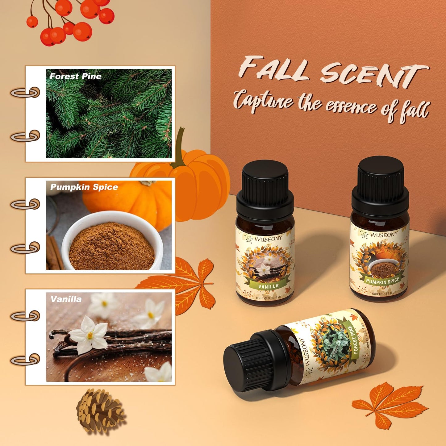 WUSEONY Fall Essential Oil Set - 6x10ml for Diffusers & Aromatherapy