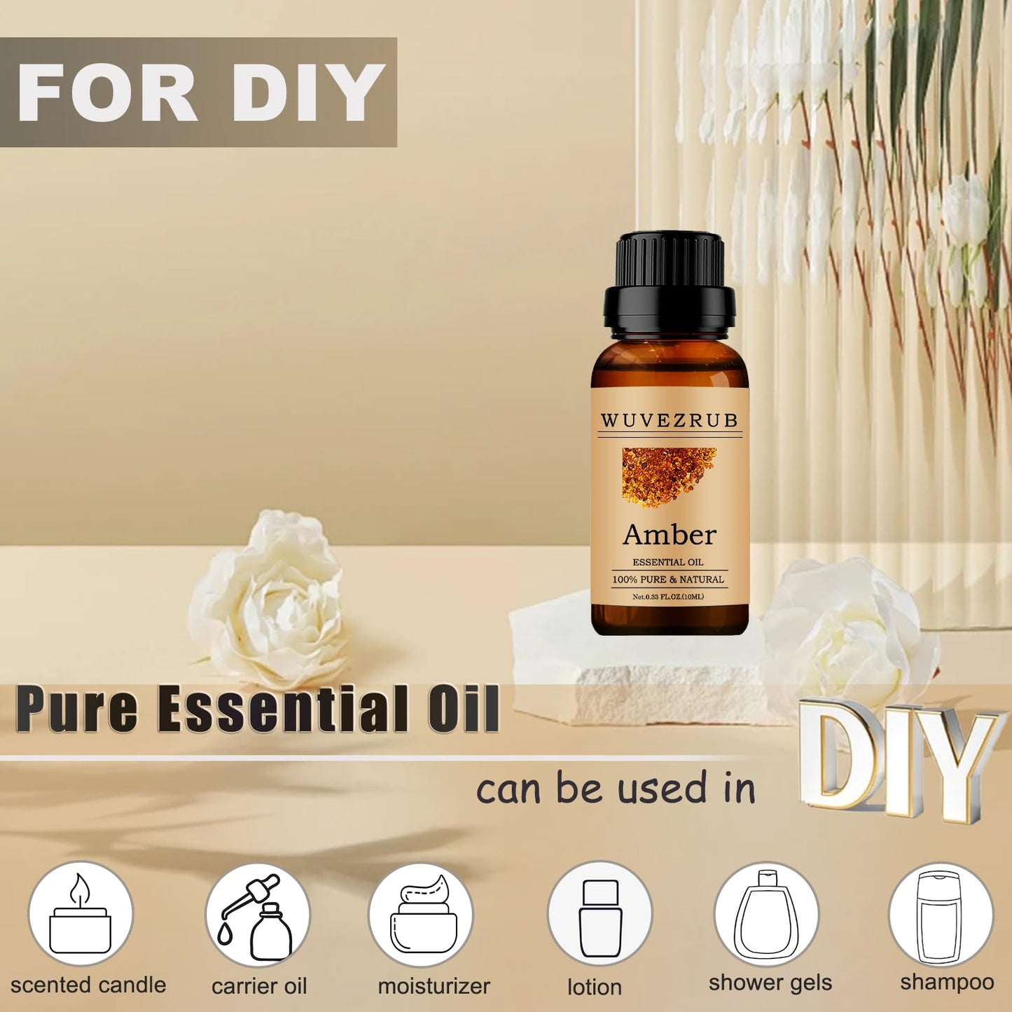 Wuvezrub Amber Essential Oils 10ml | 100% Pure & Natural for Aromatherapy Diffuser | 0.33 Fl Oz